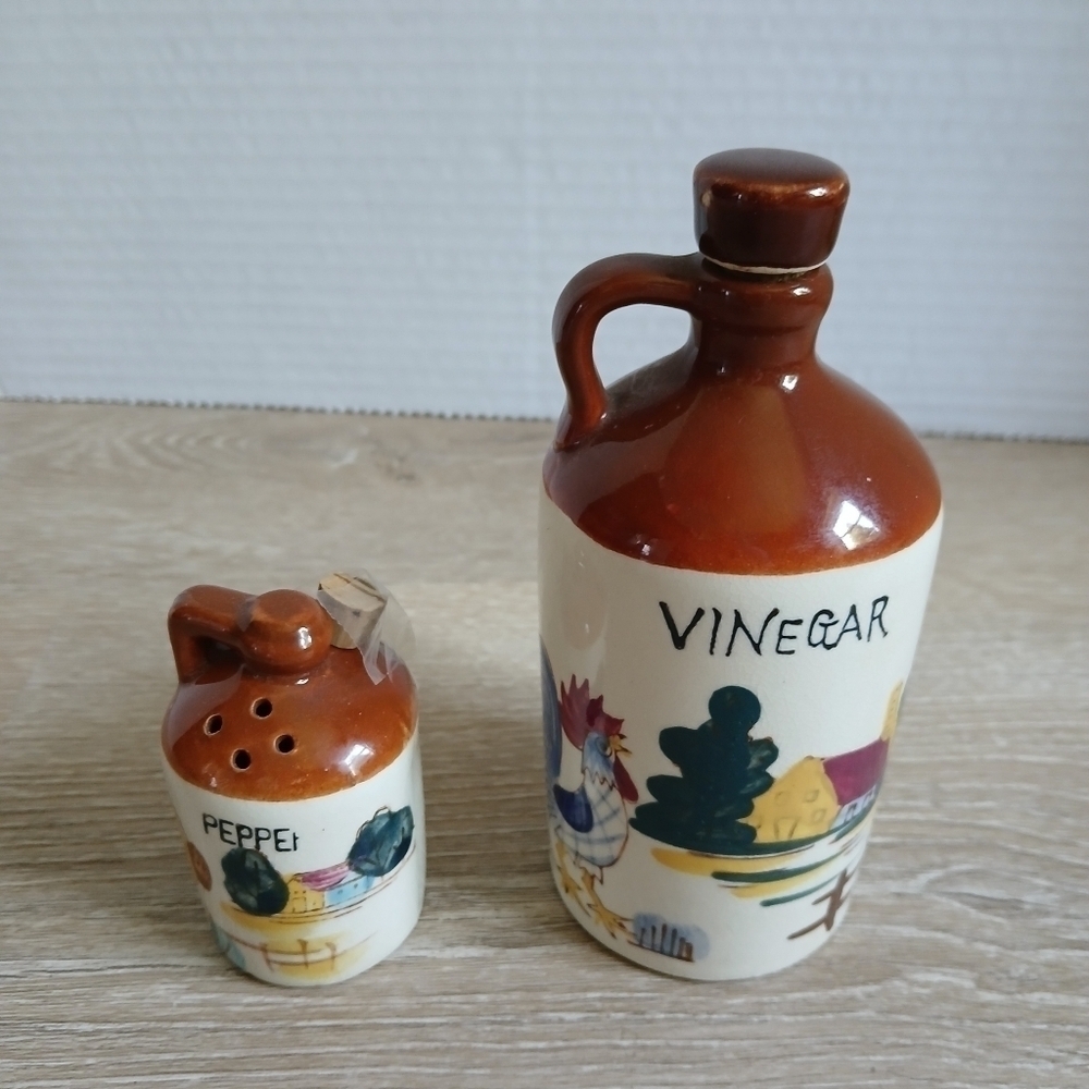 VTG RELCO JAPAN Blue Rooster Brown Stoneware VINEGAR with PEPPER